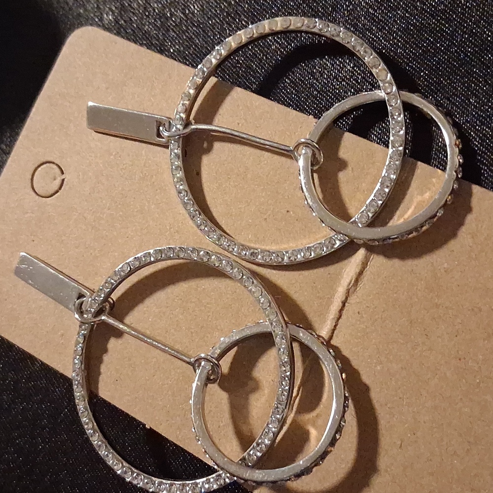 Silver With Crystals Hoop Dangle Earrings